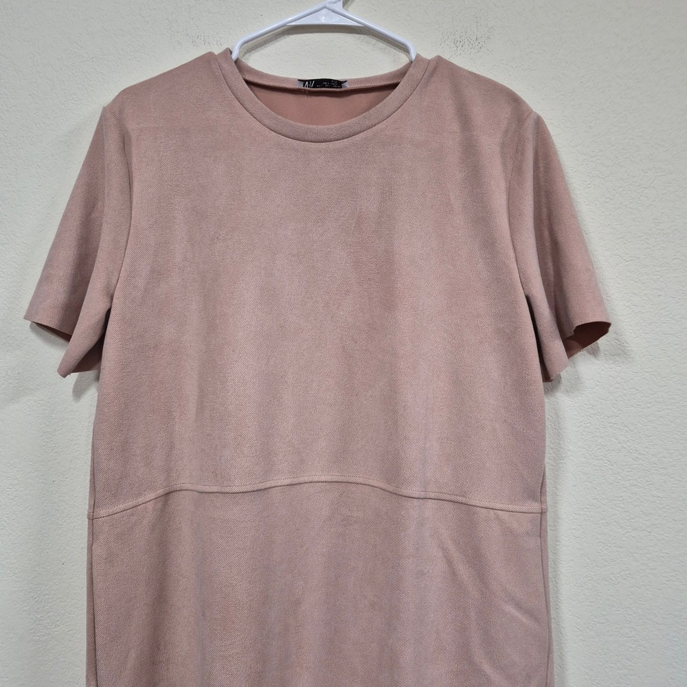 Zara Faux Suede Shift Dress L Blush Pink Short Sleeve Pockets Minimalist - Picture 2 of 7